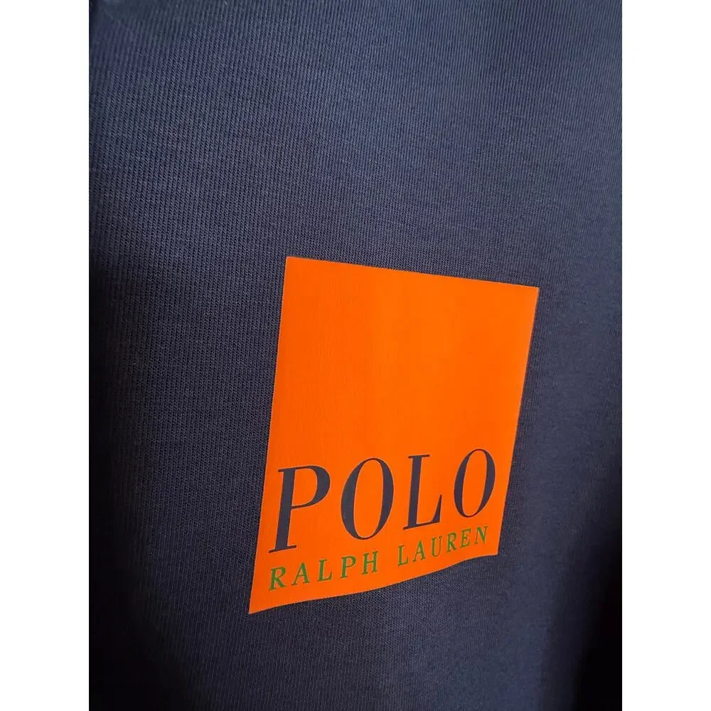 POLO RALPH LAUREN Men's Blue Double-Knit Full Zip Hoodie Box Logo Orange Blue L
